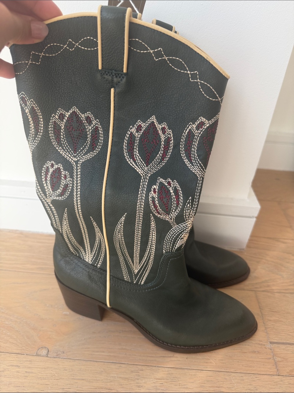Dolce Vita Women's Embroidered Tulip Leather Mid-Calf Boots - Dark Green